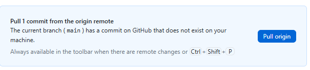 Screenshot of Github Desktop with visible blue 'Pull Origin' button and text: The current branch has a commit on GitHub that does not exist on your machine.
