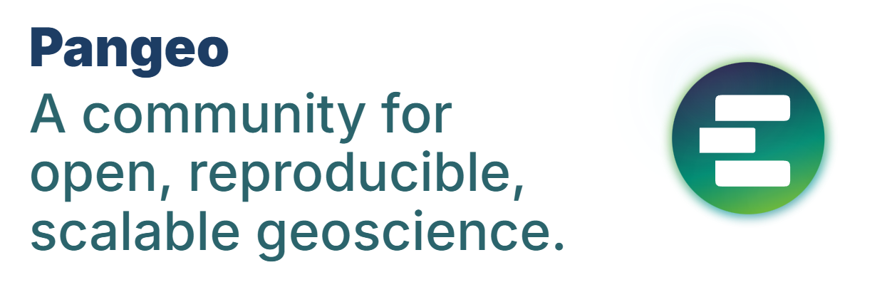 Screenshot from the pangeo website with logo and text: Pangeo - A community for open, reproducible, scalable geoscience.