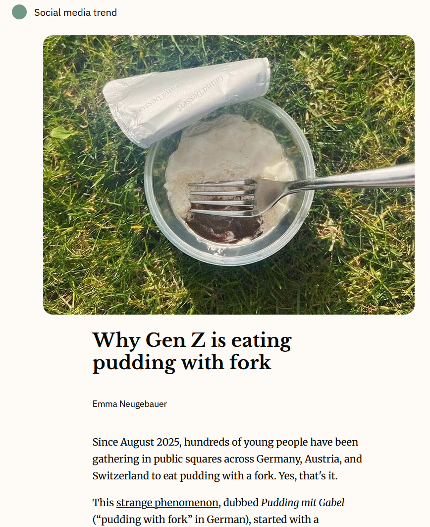 Blogpost clipping showing an image of a pudding cup eaten with a fork and title: Why Gen Z is eating pudding with a fork